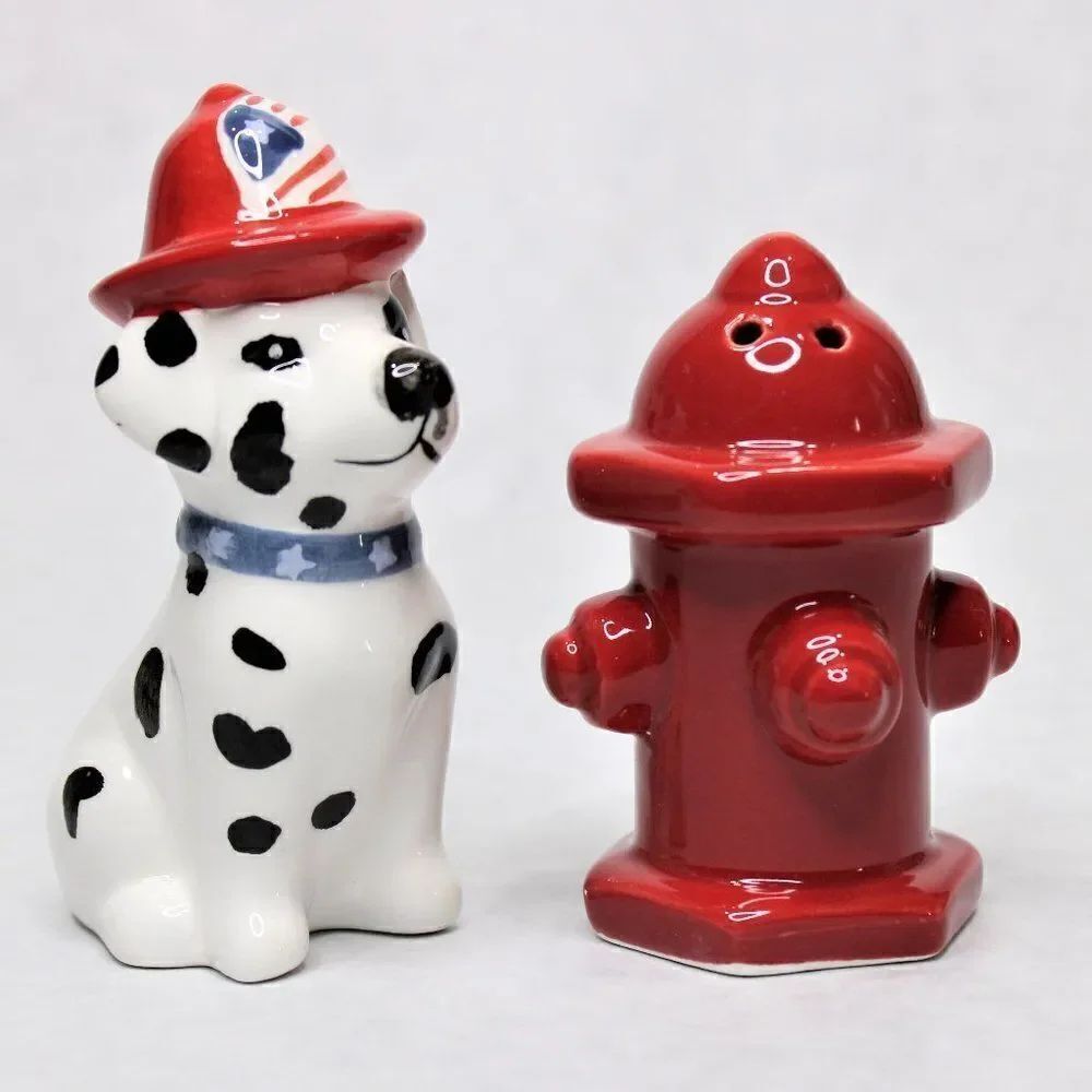 Collectable Dalmatian Puppy Dog & Red Fire Hydrant Salt & Pepper Shakers 